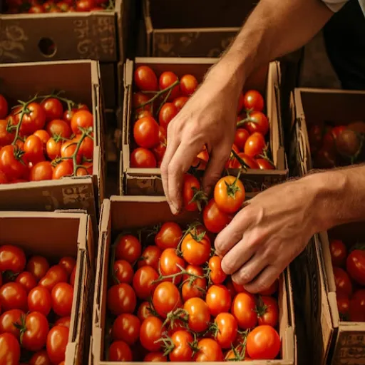 Récolte et tri de tomates fraîches